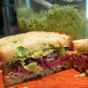 Roast Beef, Red Onion, Avocado Sandwich with The Goddess's Green Goddess