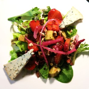 Strawberries with Basil and Mint in a Salad with Bleu Cheese