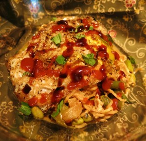 Ramen with Eggs, Basil, Sriracha and Hoisin Sauce