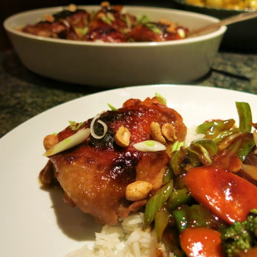 Roasted Kung Pao Chicken Thighs with Stir-Fry Vegetables and Ginger Rice