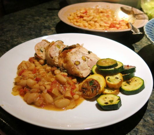 Tuscan-Style White Beans, Zucchini with Tuscan Stuffed Chicken Quarters