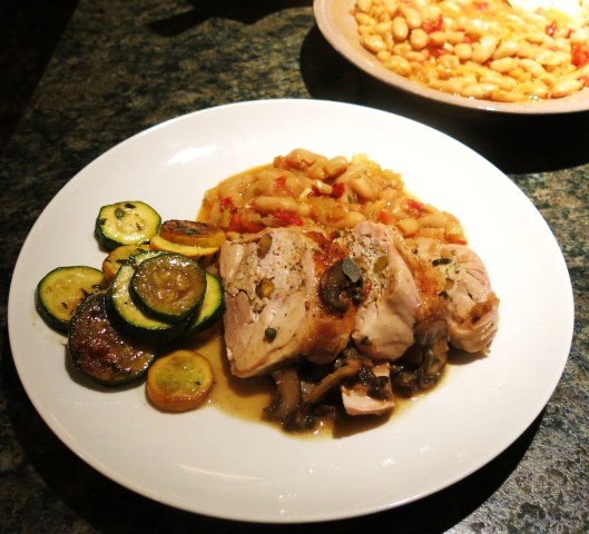Stuffed Tuscan Chicken Quarters with Mushroom-Shallot Wine Sauce, Tuscan White Beans and Sautéd Zucchini
