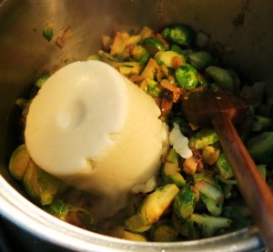 Brussels Sprouts Soup in the Making - Adding Leftover Mashed Potatoes