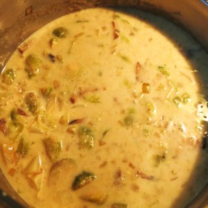 Cream of Brussels Sprout Soup with Pears and Bacon