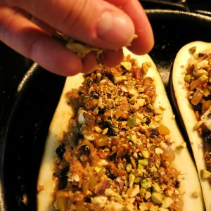 Eggplants with Chorizo Stuffing and a Sprinkle of Chopped Pistachios