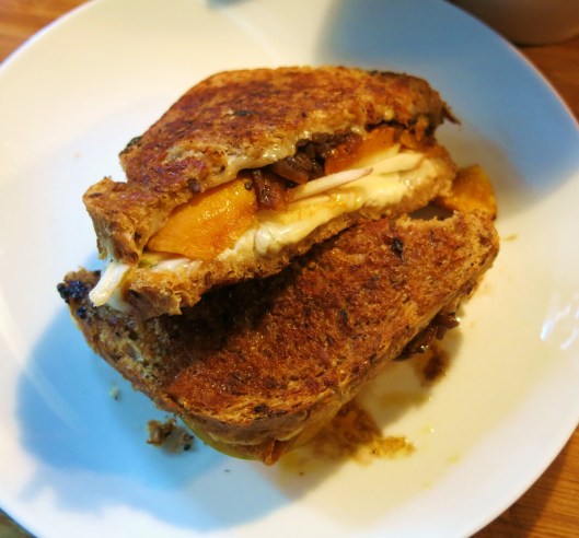 Roasted Butternut Squash, Pear and Grilled Cheese Sandwich with a Fried Egg