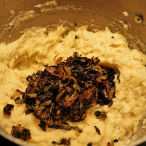 "Burnt" Onions being added to the Mashed Potatoes