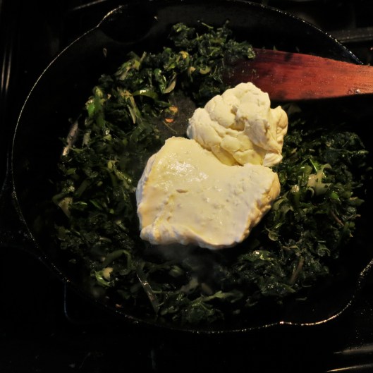 Spinach, Poblano, Onion with Béchamel to make Green-with-Envy Eggs and "Ham"