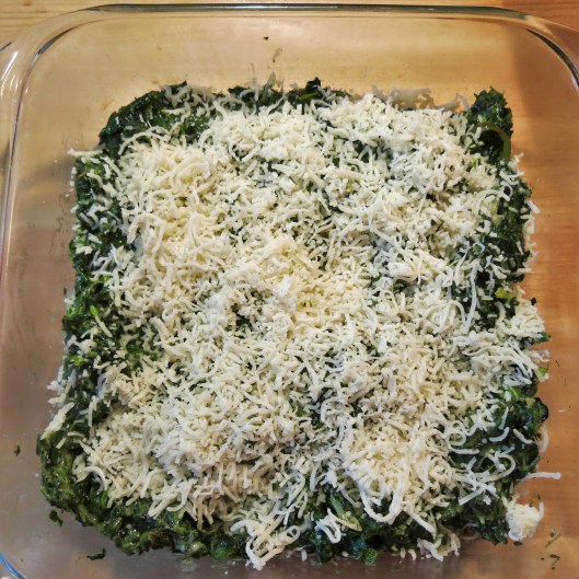 Spinach, Poblano, Onion with Béchamel and Cheese to make Green-with-Envy Eggs and "Ham"