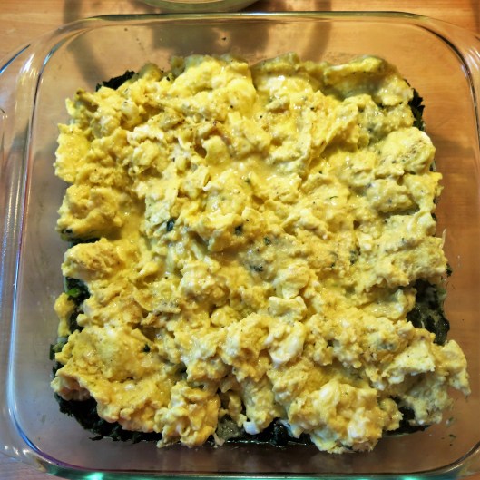 Scrambled Eggs on top of half the Spinach mixture for Green-with-Envy Eggs and "Ham"