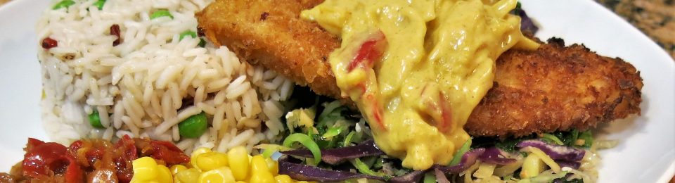 Plantain Chip-Crusted Fish Fillets with Curry Sauce