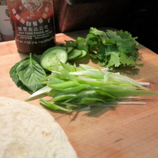 Scallions, Thai Basil Cilantro and Cucumber forChinese BBQ Pork-Peanut Butter-Hoisin Wrap