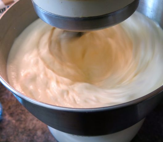 Beating warmed whole eggs and sugar for Sponge Cake