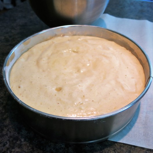 Sponge Cake batter, in the pan, ready for the oven.
