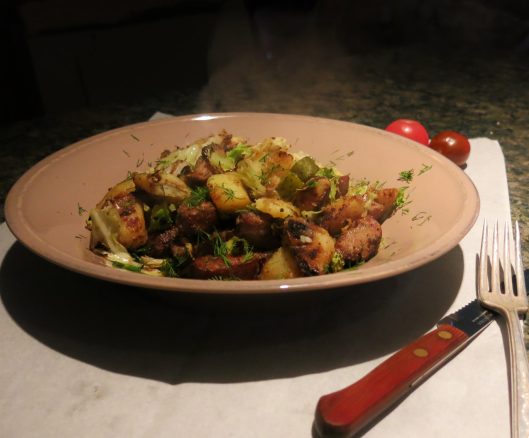 Kielbasa with Potatoes, Cabbage and Dill Pickles