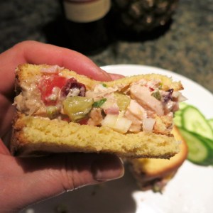 Leftovers! — Chicken Salad with Tomatoes, Scallions and Fruit on Toasted Potato Bread