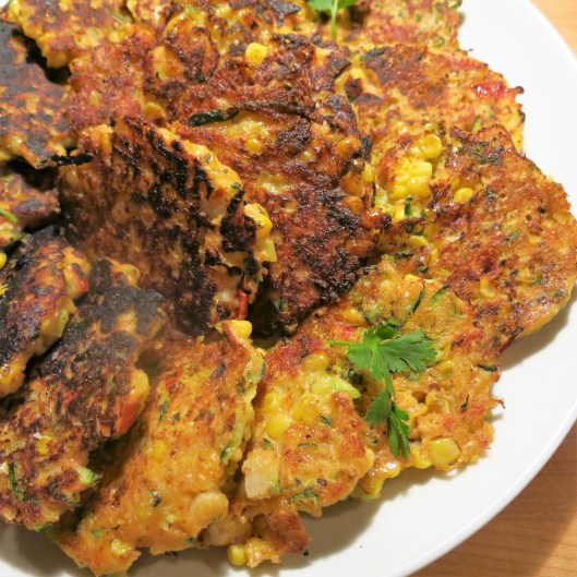 Spicy Corn and Zucchini Cakes with Tomato Bits