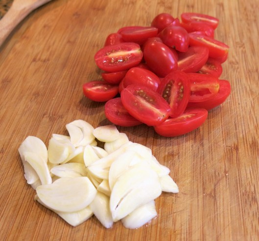 Sliced Garlic and Cherry Tomatoes for Lebanese-Style Eggplant with Tomatoes, Garlic and Mint
