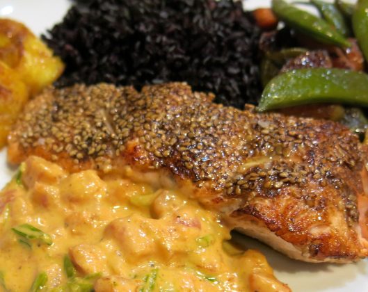 Pan-Seared Coffee-Rubbed Salmon with Sesame Seed Crust