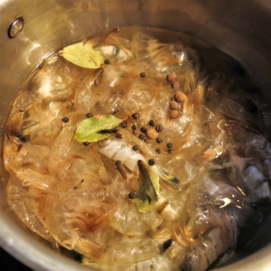 Making Shrimp Broth for Citrus-Laced, Cuban-Style Risotto with Shrimp, Sun-Dried Tomatoes and Mushrooms
