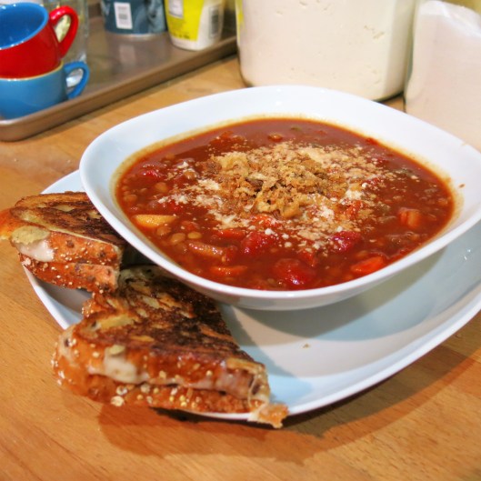 Tomato Soup with Lentils, Carrots & Apple with Grilled Cheese Sandwich