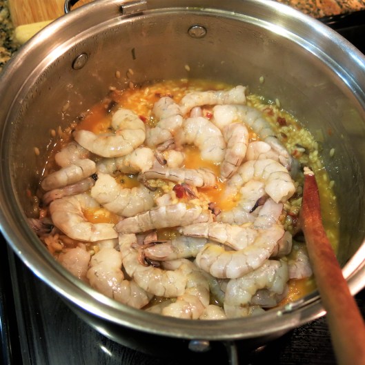 Adding the Shrimp to the Citrus-Laced, Cuban-Style Risotto with Shrimp, Sun-Dried Tomatoes and Mushrooms