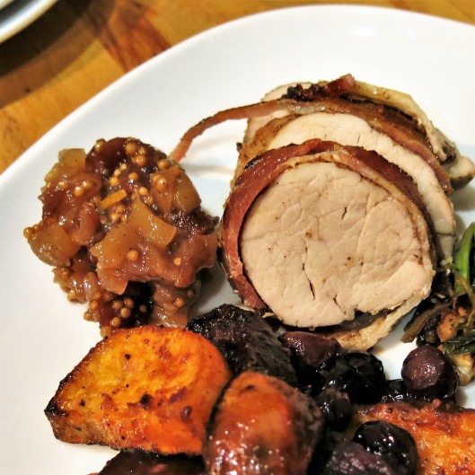 Spicy Apple-Cranberry Chutney with Bacon-Wrapped Pork Tenderloin
