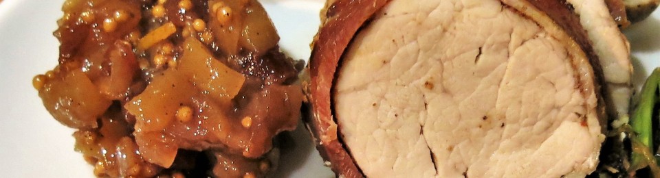 Spicy Apple-Cranberry Chutney with Bacon-Wrapped Pork Tenderloin