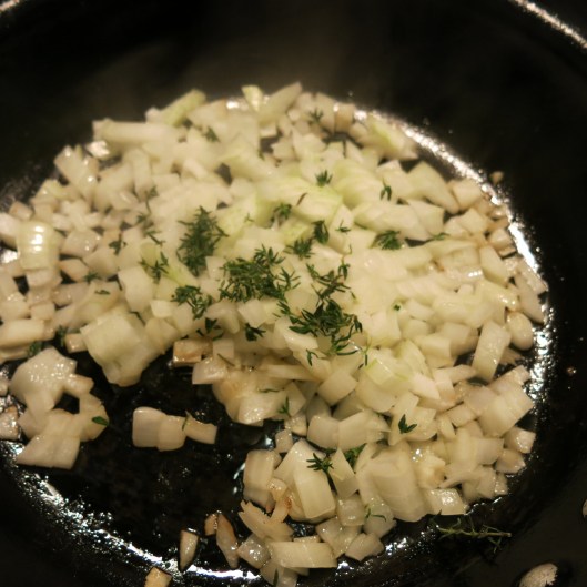 Sautéed Onion and Thyme for Pastel de Jamon