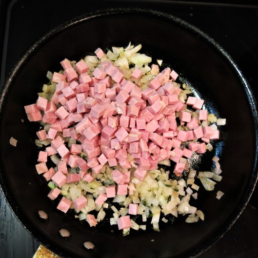 Sautéed Onion, Diced Ham and Thyme for Pastel de Jamon