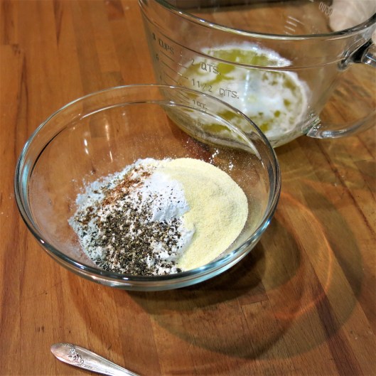 Dry Ingredients and Wet Ingredients for the Batter fo Pastel de Jamon