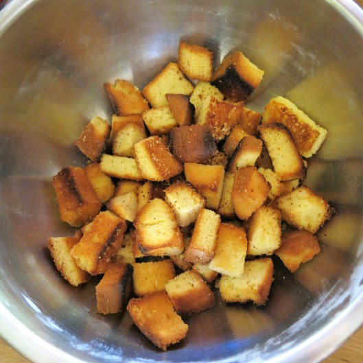 Toasted Cornbread Cubes for Savory Cornbread Stuffing with Fennel, Leeks and Mushrooms