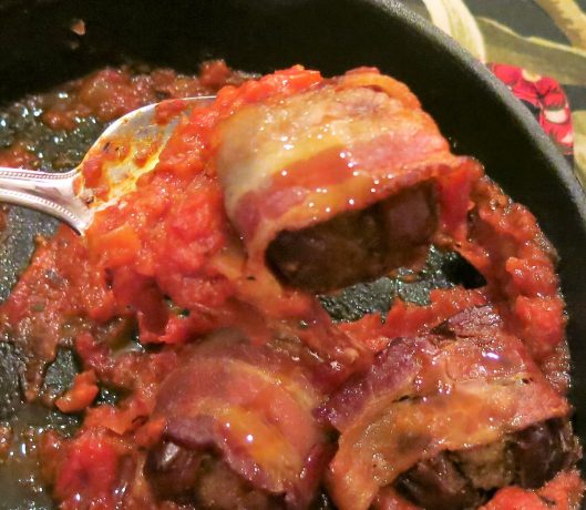 Bacon-Wrapped, Chorizo-Stuffed Dates in Red Pepper Sauce