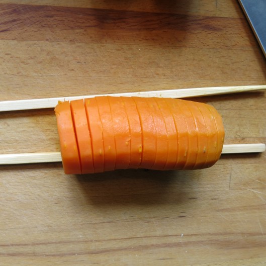Carrots Sliced Partially way through for Hasselback Carrots with a Seasoned Crumb Stuffing
