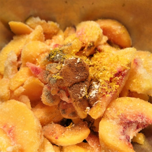 Frozen Peaches, with Spices, Zest and Ginger, for Winter Peach Tarte Tartin with Guava Glaze