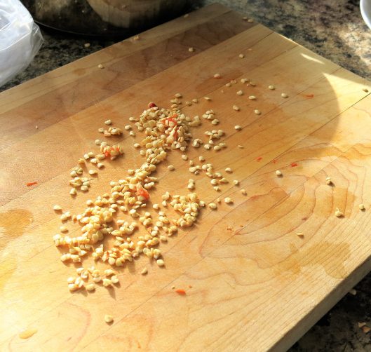 Seeds Removed from the Peppers for Hot Pepper Rings in Olive Oil with Garlic