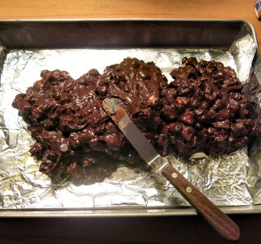 Spreading the batter for Bumpy Road Brownies