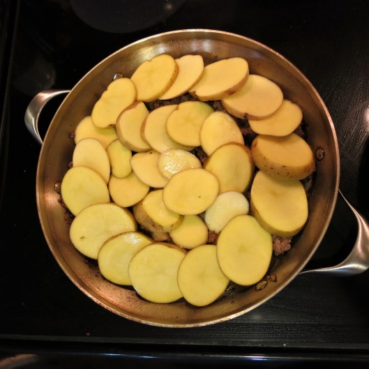 Beef, Potato and Green Bean Skillet Dinner in the Making