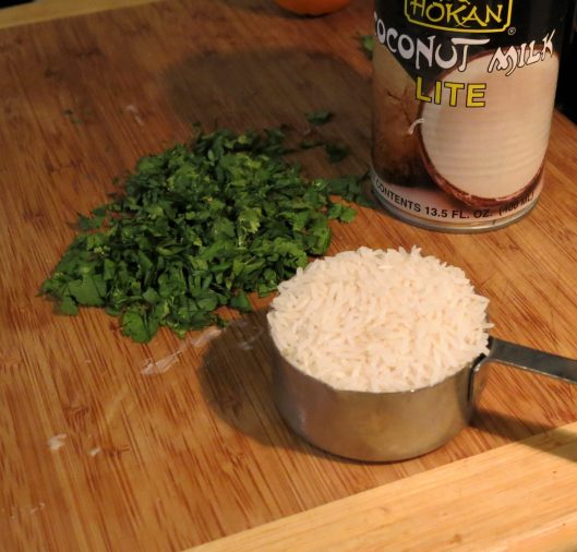 Rice, Coconut Milk and Chopped Cilantro for Brazilian-Style Shrimp Bisque (Sopa de Camarão)