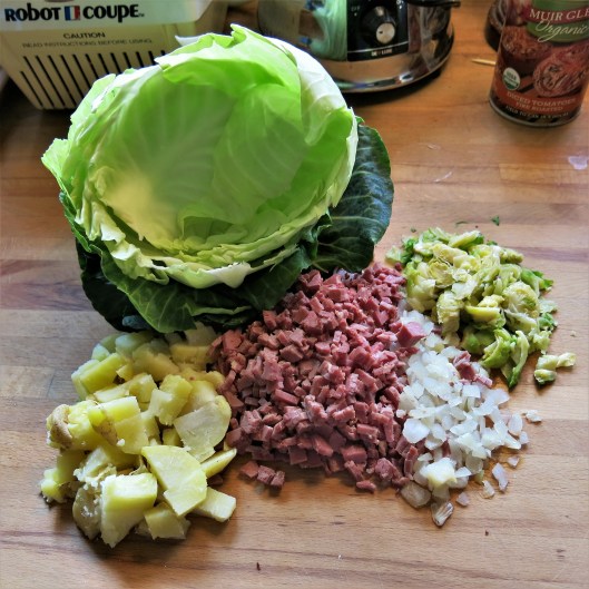 Ingredients for Corned Beef-Potato Cabbage Rolls with Cider-Tomato Sauce