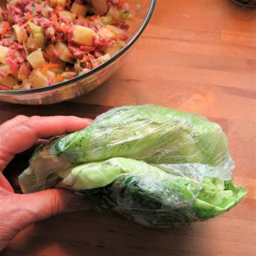 Nuked Cabbage for Corned Beef-Potato Cabbage Rolls with Cider-Tomato Sauce