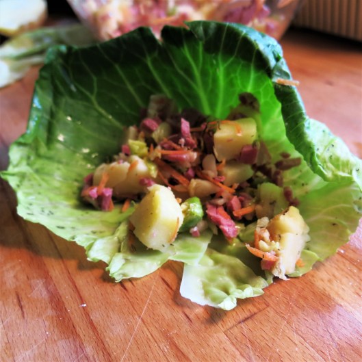 Corned Beef-Potato Cabbage Rolls with Cider-Tomato Sauce