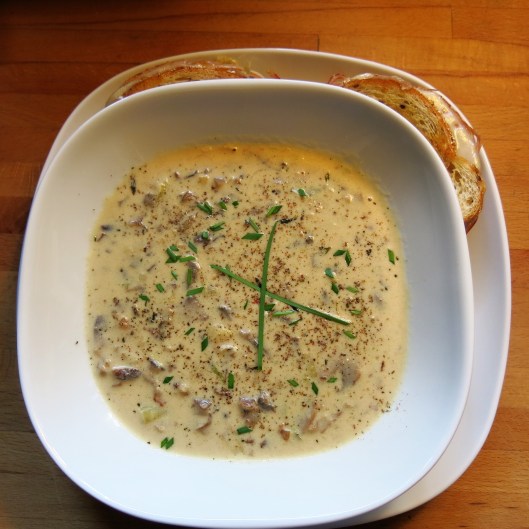 Mushroom-Leek Bisque with Thyme & Bacon Bits