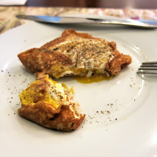 Ham & Cheese Filled Crêpe with an Egg Top Hat