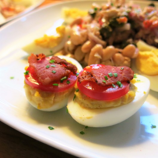 Deviled Eggs with Bacon Top Hat