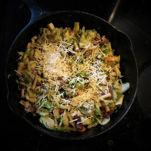 Sautéed Brussels Sprouts with Onion, Garlic, Apples and Cranberries