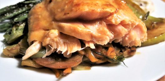 Orange-Maple Glazed Salmon on a bed of Fennel-Apple-Peppers and Onion Sauté