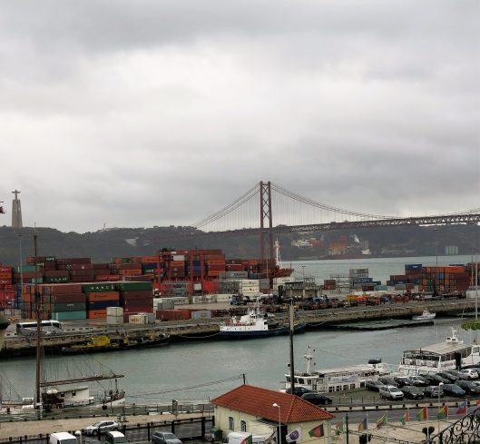 Ponte 25 de Avril (the April 25th Bridge) with its Cristo do Rei (Christ the King) statue