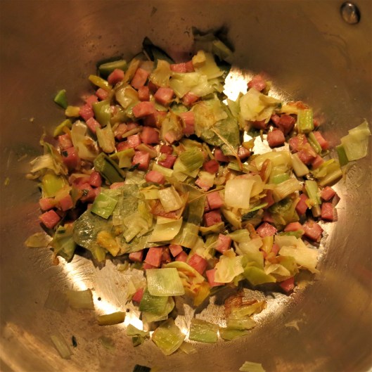Leeks and Diced Ham for Salmon, Leek and Fennel Chowder
