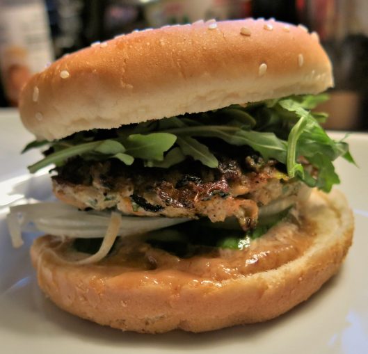 Chicken Burgers with Scallions, Ginger and Thai Flavors with Peanut-Hoisin Aïoli